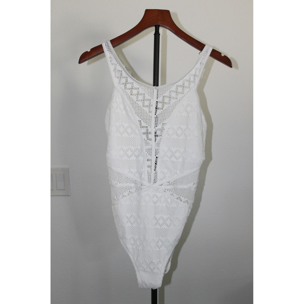 BECCA by Rebecca Virtue White Crochet Lace One Piece Swimsuit Mesh‎ Back Tie XL
